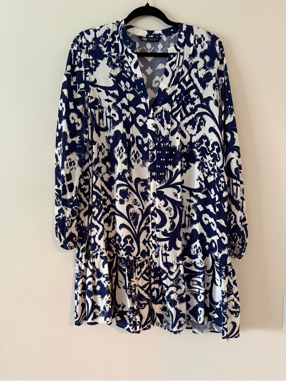 Zara Navy and White Long-Sleeve Printed Tunic Dress